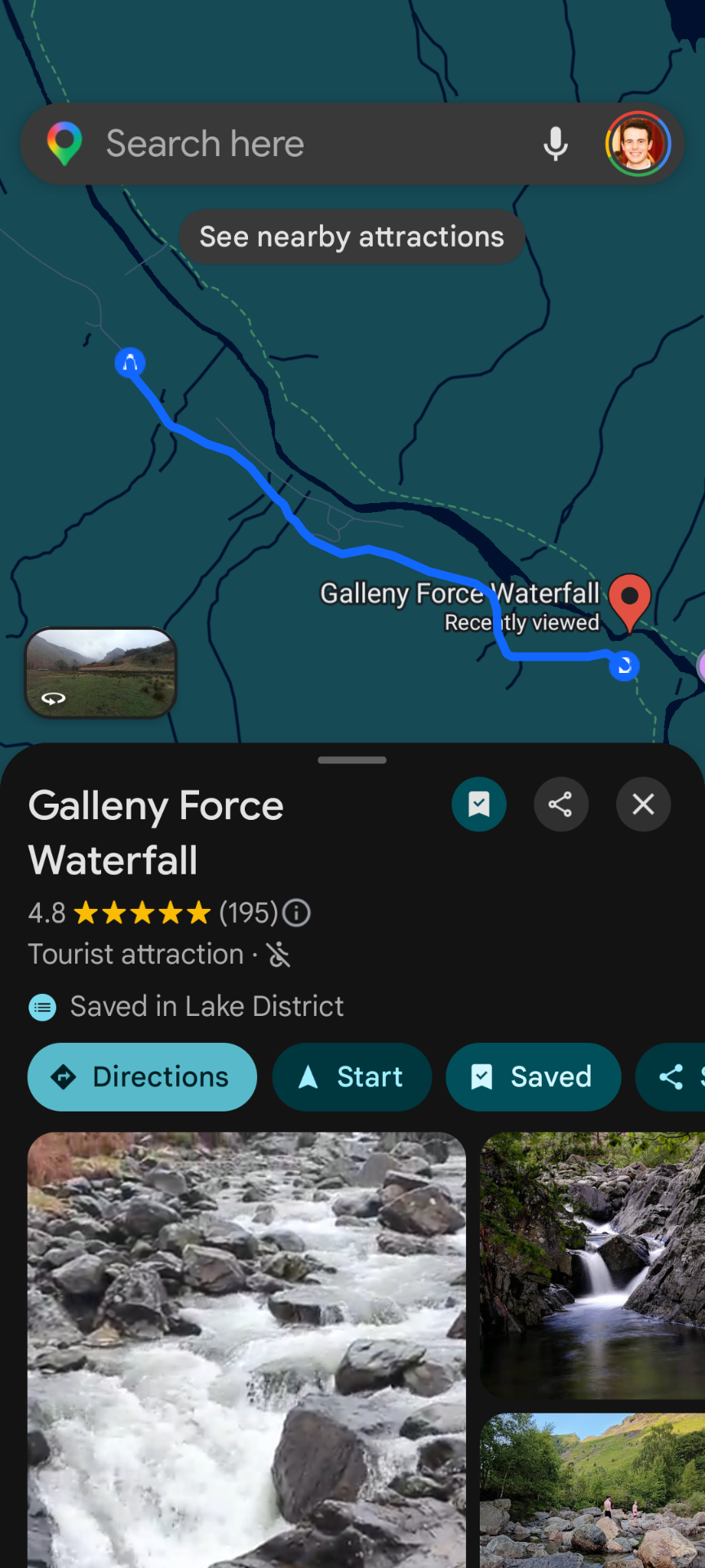 A phone displaying the Google Maps app with a walk route highlighted and a location marker showing the walker's position
